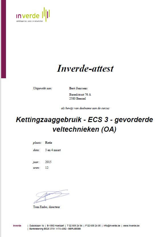 ECC3 certificaat - veiligheid kettingzaaggebruik - attest Bert Janssens