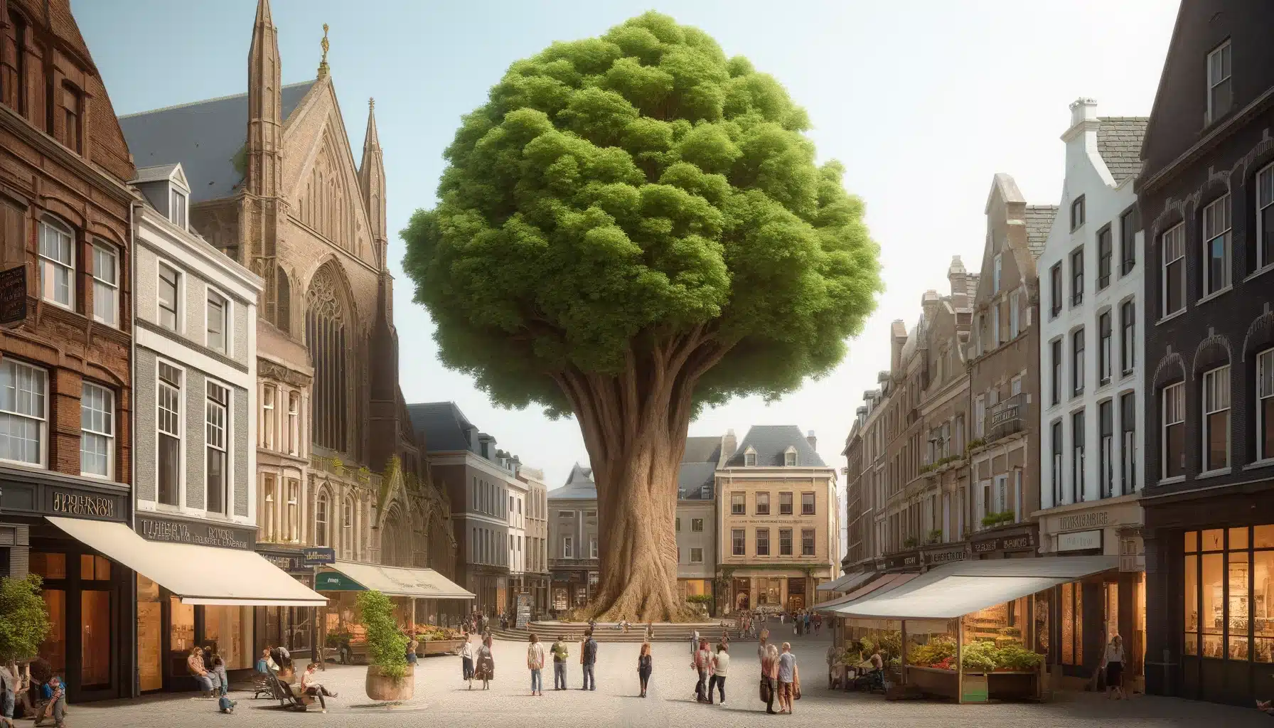 Monumentale toekomstboom op plein met grote groeiplaats (AI-gegenereerd)
