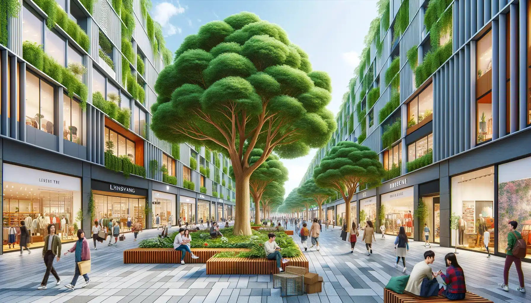 Stedelijk boombeheer en toekomstbomen met grote groeiplaatsen in een winkelwandelstraat (AI-gegenereerd)